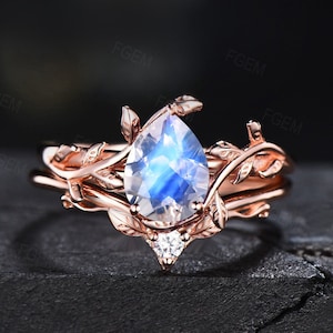 Pear Shape 1.25ct Natural Moonstone Engagement Rings Set Vintage Rose Gold Branch Design Solitaire Rings Leaf Wedding Ring Anniversary Gifts