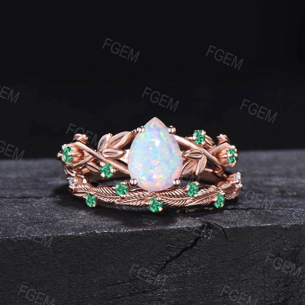 Nature Inspired White Opal Engagement Ring Set Vintage 1.25ct Pear Shaped Unique Branch Leaf Solitaire Ring Green Emerald Wedding Ring Set