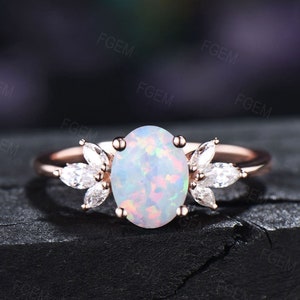 White Opal Ring for Women Rose Gold Ring Oval Opal Engagement Ring Sterling Silver CZ Diamond Cluster Ring October Birthstone Jewelry Gift