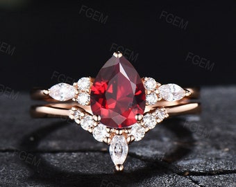 Sterling Silver Red Gemstone Jewelry 1.25ct Pear Shaped Ruby Engagement Ring Set Anniversary/Birthday Gift for Women July Birthstone Ring