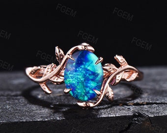 Sterling Silver Blue Opal Ring Fire Opal Jewelry 1.5ct Oval Cut Dainty Leaf Opal Engagement Ring Twig Nature Inspired Blue Opal Promise Ring