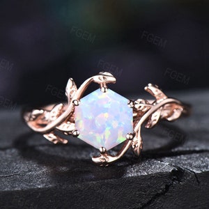 Sterling Silver White Opal Ring for Women 1ct Hexagon Opal Engagement Ring Nature Inspired Leaf Opal Ring October Birthstone Jewelry Gifts