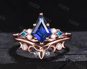 Kite Cut Blue Sapphire Engagement Ring Set Vintage 14K Rose Gold Celtic Alexandrite Bridal Set Unique Promise Ring September Birthstone Gift