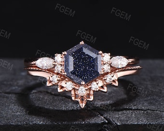 1ct Hexagon Blau Sandstein Ring Set Sterling Silber Hypoallergen Verlobungsring Geburtstag Jahrestag Geschenk Rosegold Hexagon Braut Set