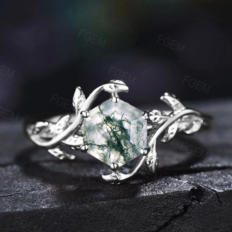 Natural Moss Agate Ring Vintage Hexagon Engagement Ring Inspired Leaf Solitaire Ring Green Healing Gemstone Ring Unique Promise Ring Women image 3