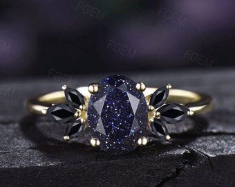 1.5ct Oval Cut Blue Sandstone Cluster Engagement Rings Galaxy Starry Sky Ring Black Gemstone Ring Unique Handmade Proposal Gifts for Women