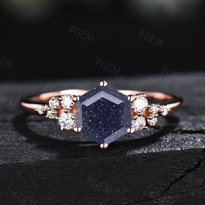 Sterling Silver Snowdrift Design Hexagon Blue Sandstone Ring Galaxy Ring Rose Gold Hexagon Engagement Ring Unique Bridal Ring Gifts for Her