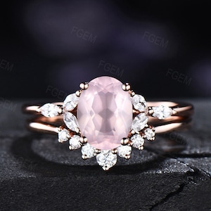 Natural Rose Quartz Ring Sterling Silver Bridal Ring Set Love Stone Ring Hexagon Engagement Ring Pink Crystal Ring Gift for Couple