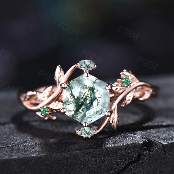 Natur Inspiriert Natürlichen Moos Achat Ring Vintage 1ct Hexagon Verlobungsring Zweig Blatt Cluster Smaragd Ring Grün Edelstein Vorschlag Geschenk