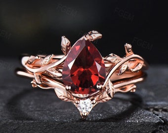 1.25ct Pear Natural Garnet Engagement Ring Red Gemstone Jewelry 10K/14K/18K Rose Gold Twig Leaf Garnet Bridal Set January Birthstone Gifts