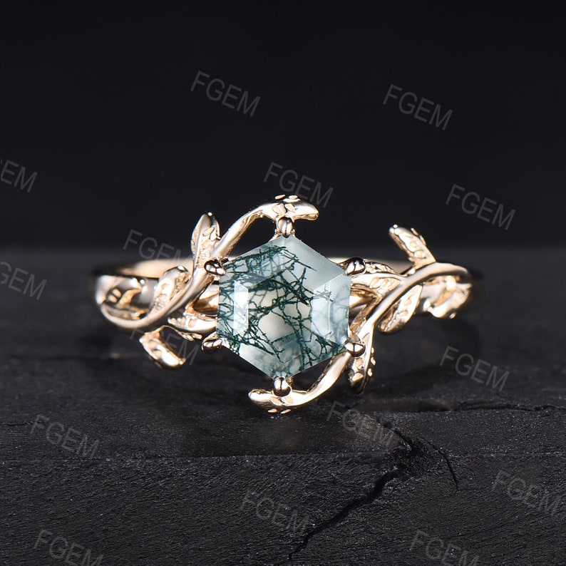 Natural Moss Agate Ring Vintage Hexagon Engagement Ring Inspired Leaf Solitaire Ring Green Healing Gemstone Ring Unique Promise Ring Women image 4