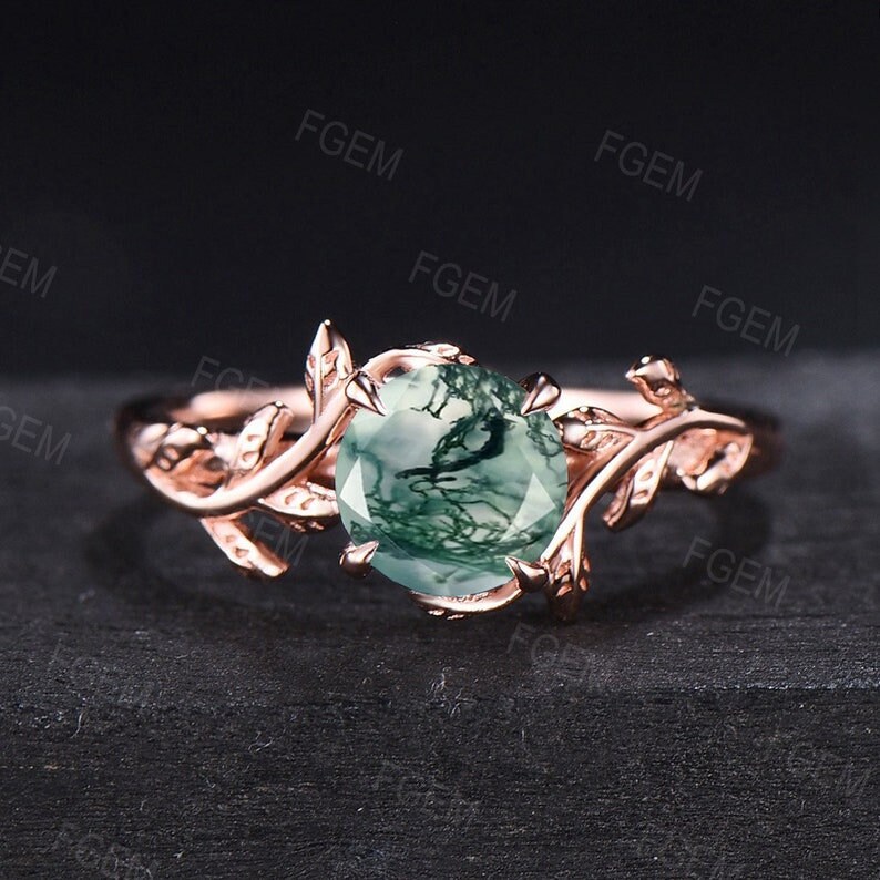 Natural Moss Agate Ring Vintage Hexagon Engagement Ring Inspired Leaf Solitaire Ring Green Healing Gemstone Ring Unique Promise Ring Women
