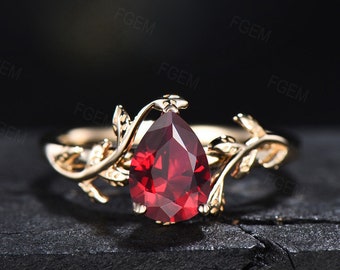 1.25ct Pear Shaped Ruby Gemstone Jewelry 14K Yellow Gold Twig Leaf Ruby Engagement Rings Anniversary Ring For Women July Birthstone Gift