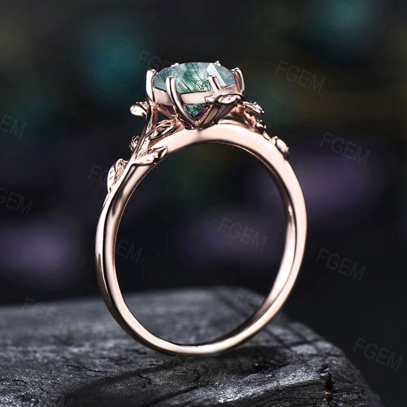 Natural Moss Agate Ring Vintage Hexagon Engagement Ring Inspired Leaf Solitaire Ring Green Healing Gemstone Ring Unique Promise Ring Women