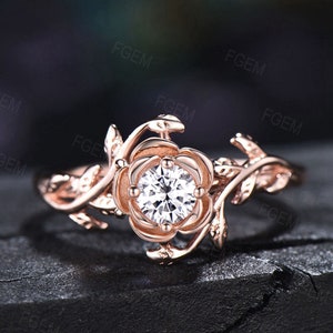 Rose Flower Engagement Ring Round Moissanite Diamond Ring Rose Gold Floral Wedding Ring Nature Inspired Leaf Moissanite Jewelry Promise Gift