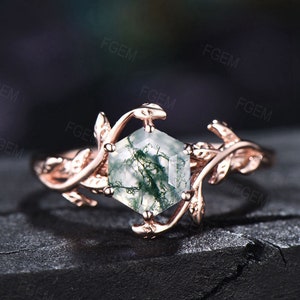 Natuurlijke Moss Agate Ring Vintage Hexagon Engagement Ring Geïnspireerd Leaf Solitaire Ring Green Healing Gemstone Ring Unique Promise Ring Women