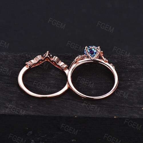 Shops Solid Rose Gold Engagement Ring Leaves Nature Inspired Ring Set 1ct Round Cut Color-Change Alexandrite Ring Vintage Unique Leaf Bridal Set