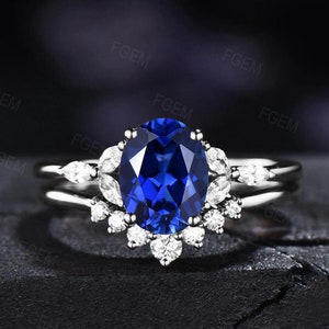 Sterling Silver Blue Sapphire Engagement Ring Set Vintage Oval Sapphire ...