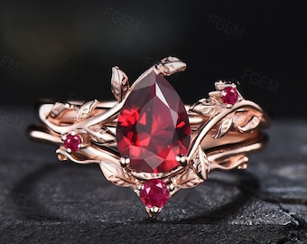 Nature Inspired Ruby Ring Set Vintage 10k Rose Gold Pear Cut Red Ruby Engagement Ring Set Red Wedding Ring Unique July Birthstone Ring Gift