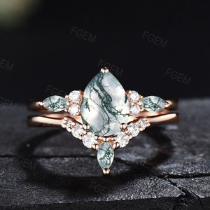 1.25ct Pear Shaped Natural Moss Agate Engagement Ring Set Sterling Silver Green Moss Ring Set Promise Ring Healing Gemstone Gift for Women