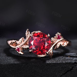 1ct Round Cut Nature Ruby Gemstone Jewelry 14K Rose Gold Twig Leaf Ruby Engagement Rings Unique Anniversary Ring Women July Birthstone Gift