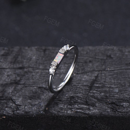 Sterling Silver Minimalist Baguette Cut White Opal Stacking Ring Vintage Birthday Gifts for Her Dainty Jewlery shops October Birthstone Jewelry