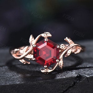 1ct Hexagon Cut Ruby Gemstone Jewelry 10K/14K/18K Rose Gold Twig Leaf Ruby Engagement Rings Anniversary Ring For Women July Birthstone Gift