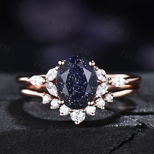 Blue Sandstone Ring Set For Women Sterling Silver Galaxy Starry Sky Ring CZ Diamond Wedding Band Proposal Gift Outer Space Ring Nebula Ring