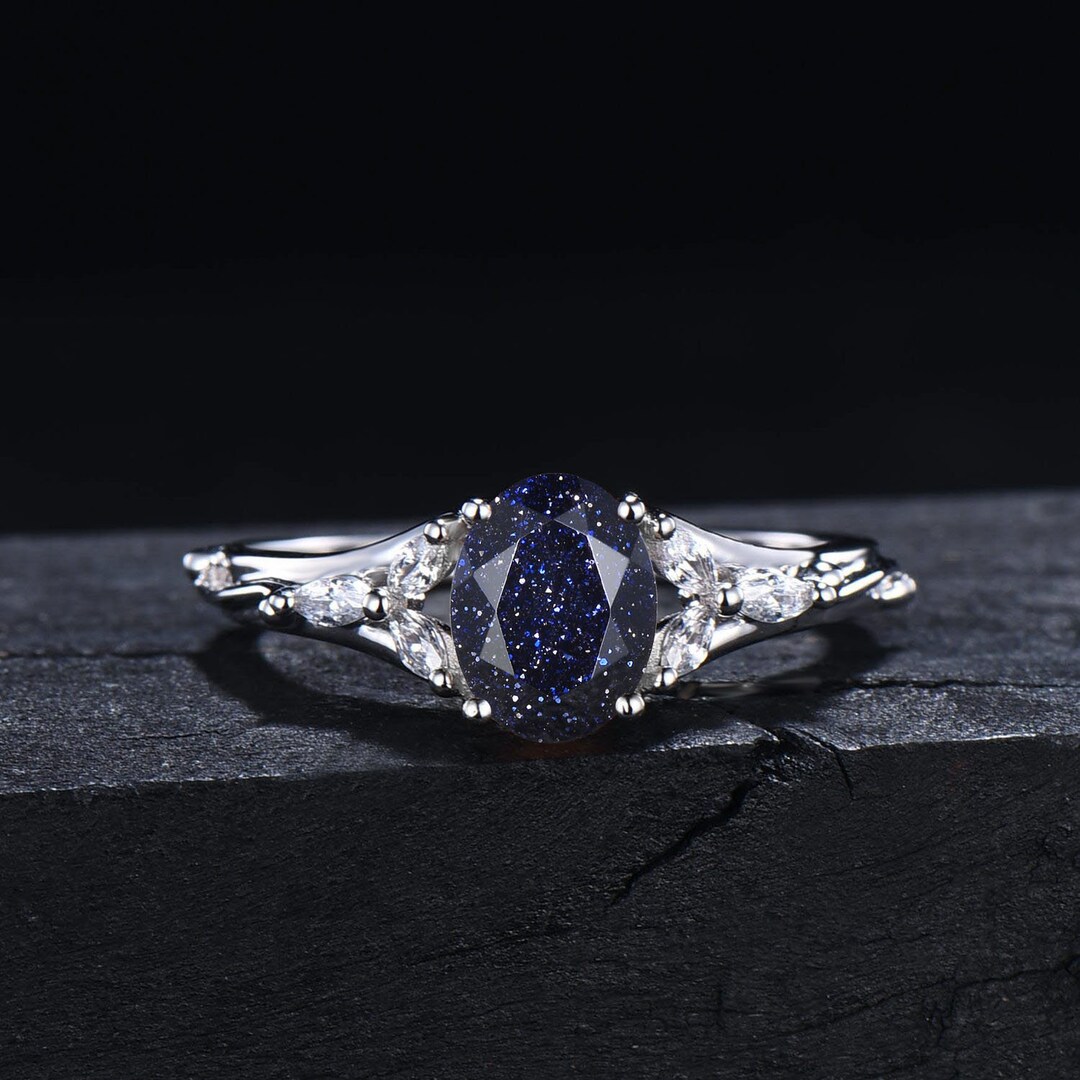 1.5ct Oval Galaxy Starry Sky Blue Sandstone Ring Kite Setting