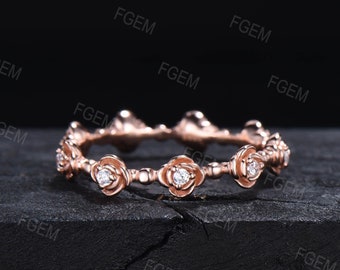 Rose Flower Wedding Band Delicate Moissnaite/Diamond Stacking Matching Minimalist Band Rose Gold Floral Promise Ring Women Anniversary Gifts