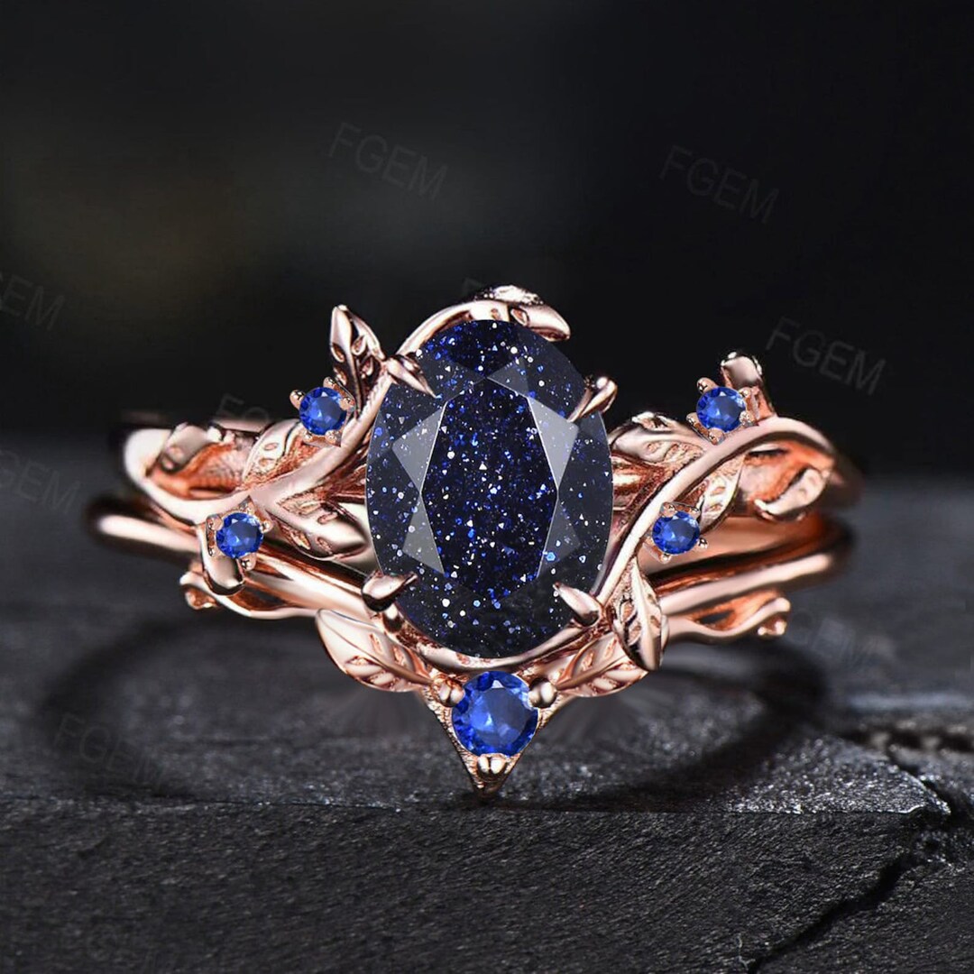 Nature Inspired Blue Sandstone Engagement Rings Set Twig Leaf Wedding ...