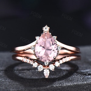 Pear Morganite Engagement Ring Set Sterling Silver Vintage Pink Morganite Ring Set Curve Wedding Band Personalize Anniversary Gift for Women