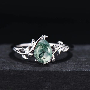 Natural Moss Agate Ring Vintage Hexagon Engagement Ring Inspired Leaf Solitaire Ring Green Healing Gemstone Ring Unique Promise Ring Women