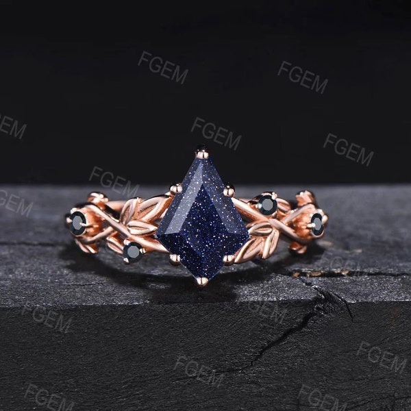 Nature Inspired Blue Sandstone Ring Women Sterling Silver Twist Leaf Galaxy Starry Sky Blue Goldstone Ring Black Spinel Branch Wedding Ring