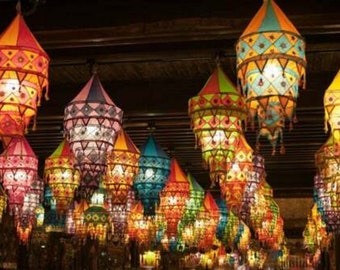 10PC Indian Wedding Decoration Lampshades Cotton Fabric Lanterns Chandeliers Collapsible Lamp Colorful Hippie Hanging Lampshade Boho Lamp