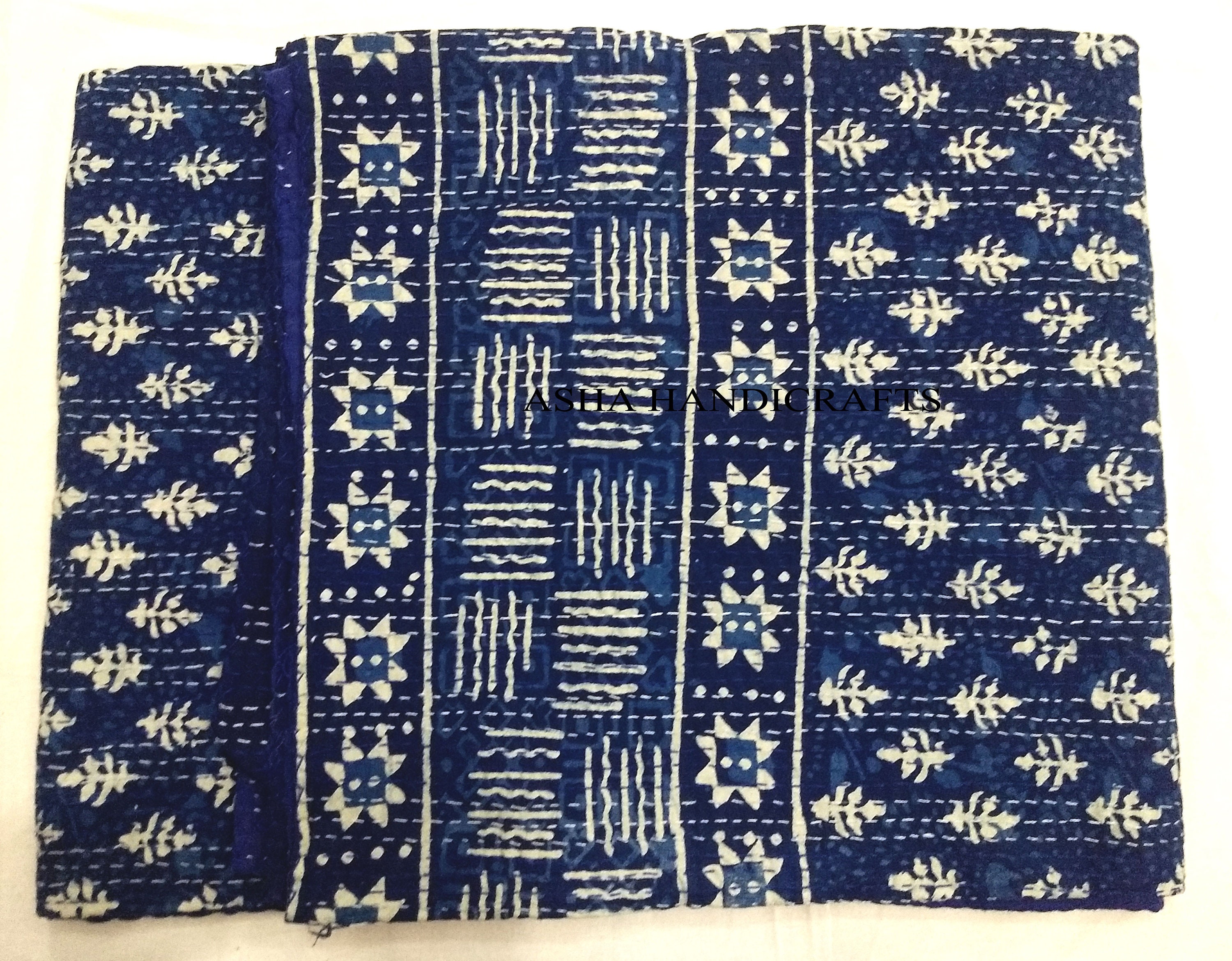 Indian Handblock Indigo Blue Color kantha Quilt Bedding Quilts Bedspread Gudri Handmade 100/% Cotton Queen Size 90X108 Inches