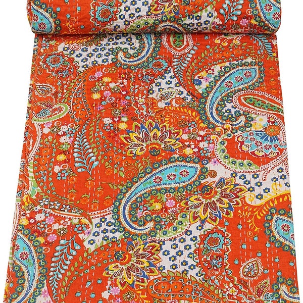 Indian Queen Size Tropical Paisley Print Kantha Quilt, Handmade Vintage Bedding Bedcover Kantha Throw Quilt 2023 Latest Quilt
