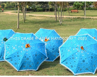 Indian Blue Party Decortive Umbrella Indian Wedding Ceremony Decoration Parasol Hippie Women Handhand Sun Shade Parasols Umbrellas Lot