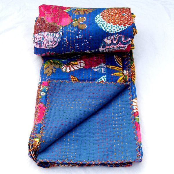 Indian Bedding Bed-sheet Throw Cotton Fabric Kantha Throw Vintage Hand Stitched Quilts Hippie Recycled Quilted Bedspread Ralli Blanket