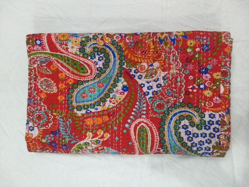 100/% Cotton Red Paisley Kantha Bed Cover Twin Quilt Hippie Indian Handmade Kantha Quilt Throw Twin Size Bedding Kantha Bedspread Quilt