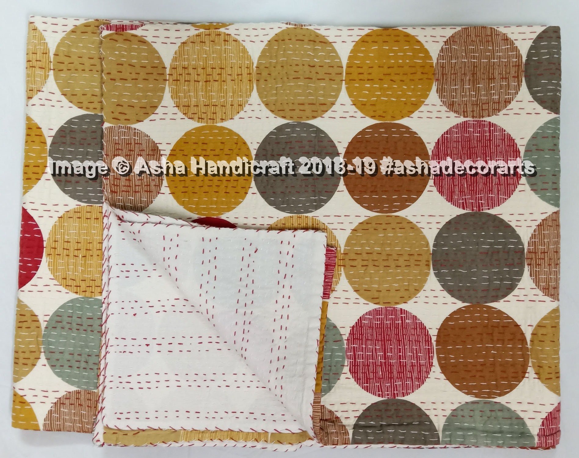 Kantha Quilt - Green Stripe/Polka Dot