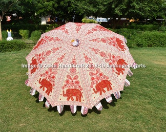 New Designer Red & White Elephant Embroidery Garden Umbrella, Indian Beach Sun Protective Traditinal Rounded Big Size Large Umbrellas