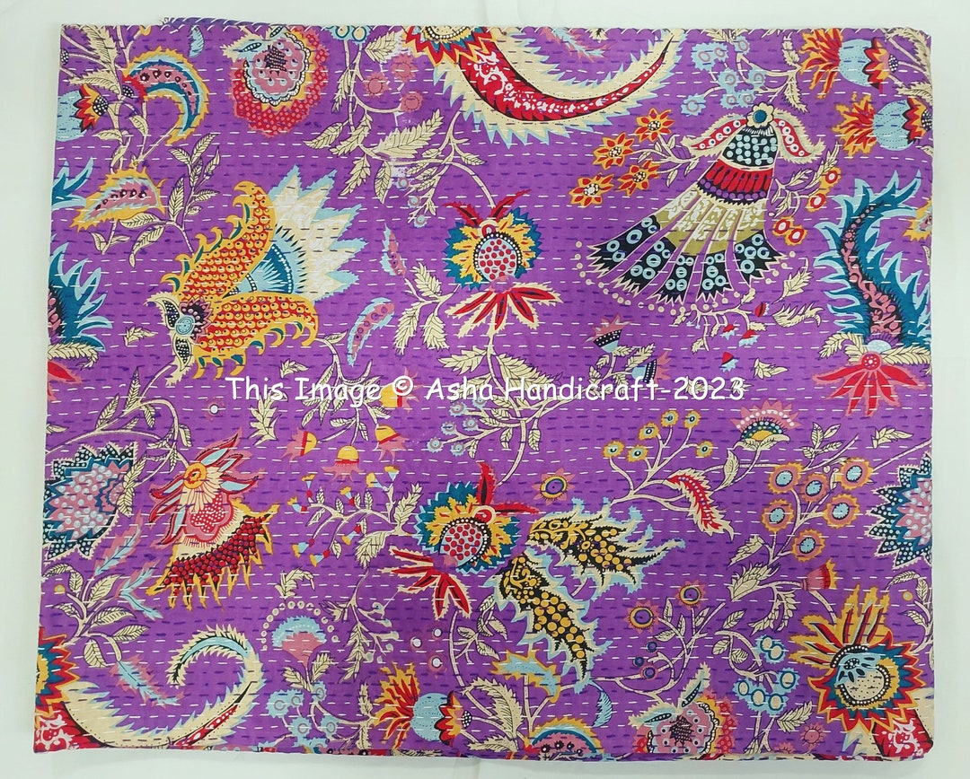 Mukut Print Kantha Quilt, Indian Bedding Bedspread Throw, Handmade