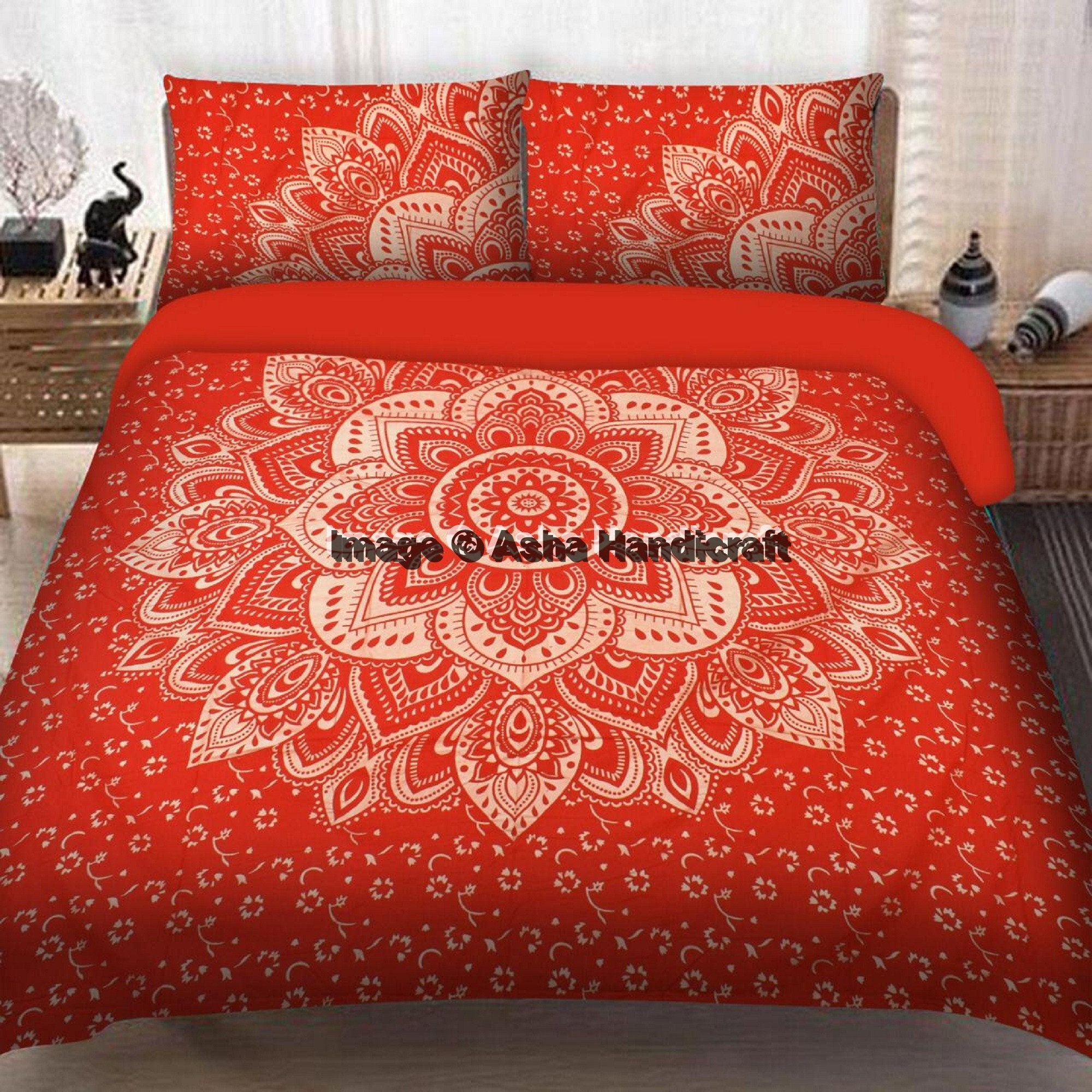 Red Ombre Mandala Bedspread Bed Cover With Pillow Case Indian Handmade Bed Sheet 