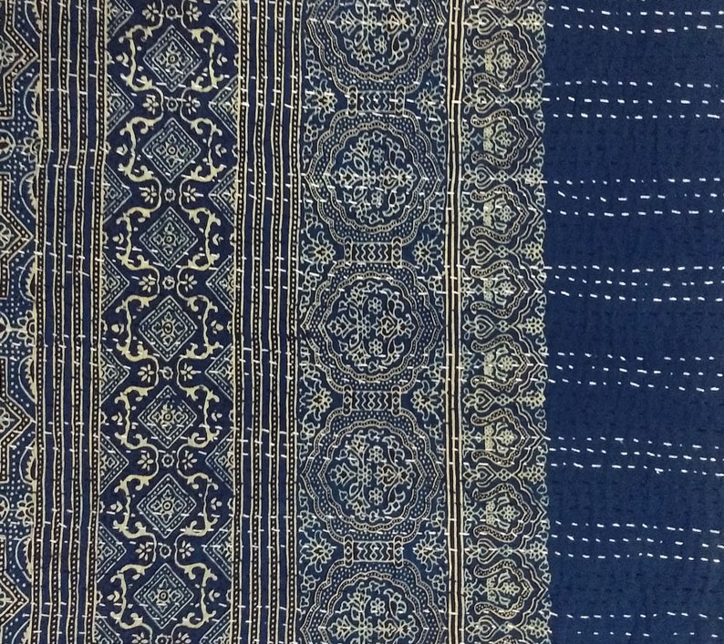 Blue Kantha Quilt King Size Hand Stitch Kantha Ajrakh Bedcover | Etsy