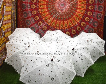 Lot of 10pc Indian Decorative White Umbrella, Wedding Theme Party Prop Parasol Embroidery Umbrella 100% Cotton White Parasol Christmas Decor