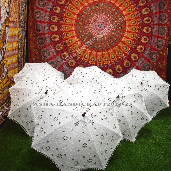 Lot of 10pc Indian Decorative White Umbrella, Wedding Theme Party Prop Parasol Embroidery Umbrella 100% Cotton White Parasol Christmas Decor