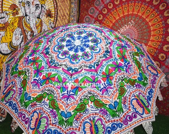 New Indian Parrot Embroidery White Garden Umbrella, Hippie Decorative Theme Wedding Center Piece Table Umbrella, Outdoor Large Patio Parasol