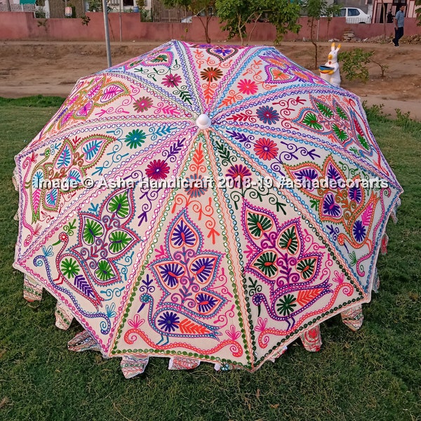 New Indian Handmade White Peacock Garden Umbrella, Hippie Decorative Theme Wedding Center Piece Table Umbrella, Outdoor Large Patio Parasol