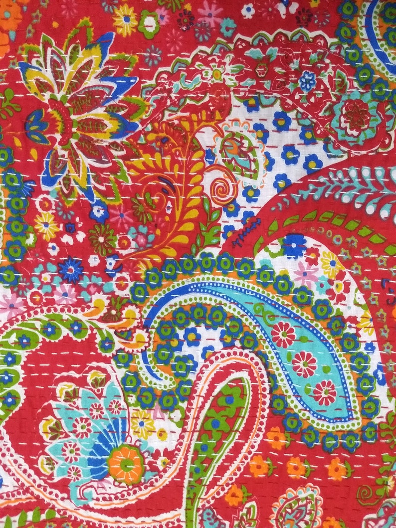 100/% Cotton Red Paisley Kantha Bed Cover Twin Quilt Hippie Indian Handmade Kantha Quilt Throw Twin Size Bedding Kantha Bedspread Quilt